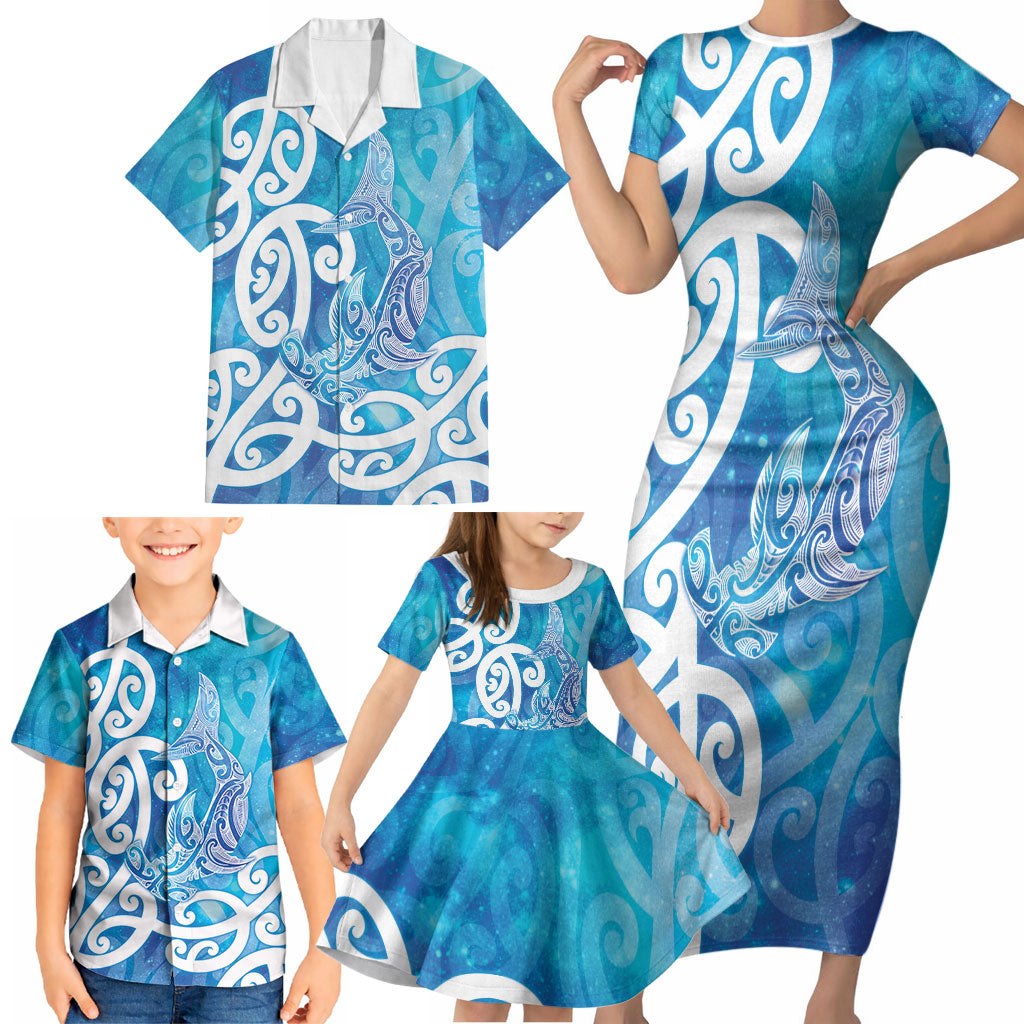 Hammerhead Shark Tattoo New Zealand Family Matching Short Sleeve Bodycon Dress and Hawaiian Shirt Maori Galaxy Mangopare Pattern