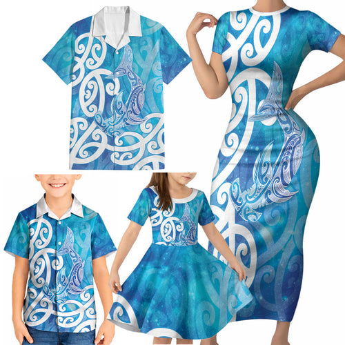 Hammerhead Shark Tattoo New Zealand Family Matching Short Sleeve Bodycon Dress and Hawaiian Shirt Maori Galaxy Mangopare Pattern
