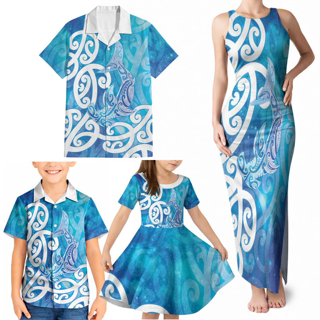 Hammerhead Shark Tattoo New Zealand Family Matching Tank Maxi Dress and Hawaiian Shirt Maori Galaxy Mangopare Pattern