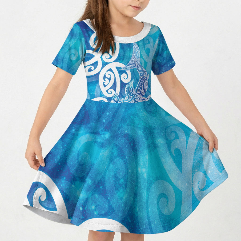 Hammerhead Shark Tattoo New Zealand Kid Short Sleeve Dress Maori Galaxy Mangopare Pattern