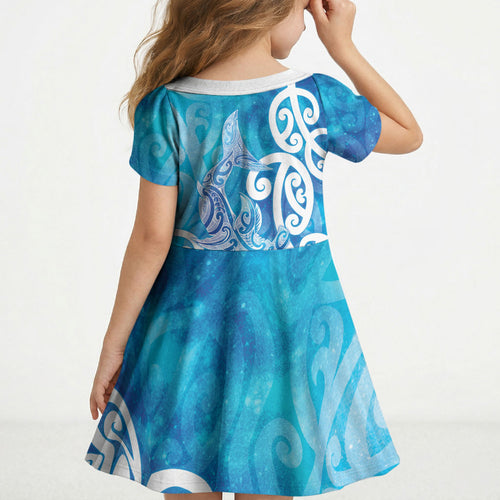 Hammerhead Shark Tattoo New Zealand Kid Short Sleeve Dress Maori Galaxy Mangopare Pattern