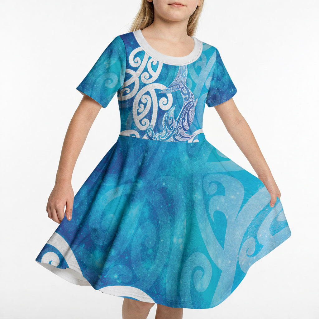 Hammerhead Shark Tattoo New Zealand Kid Short Sleeve Dress Maori Galaxy Mangopare Pattern