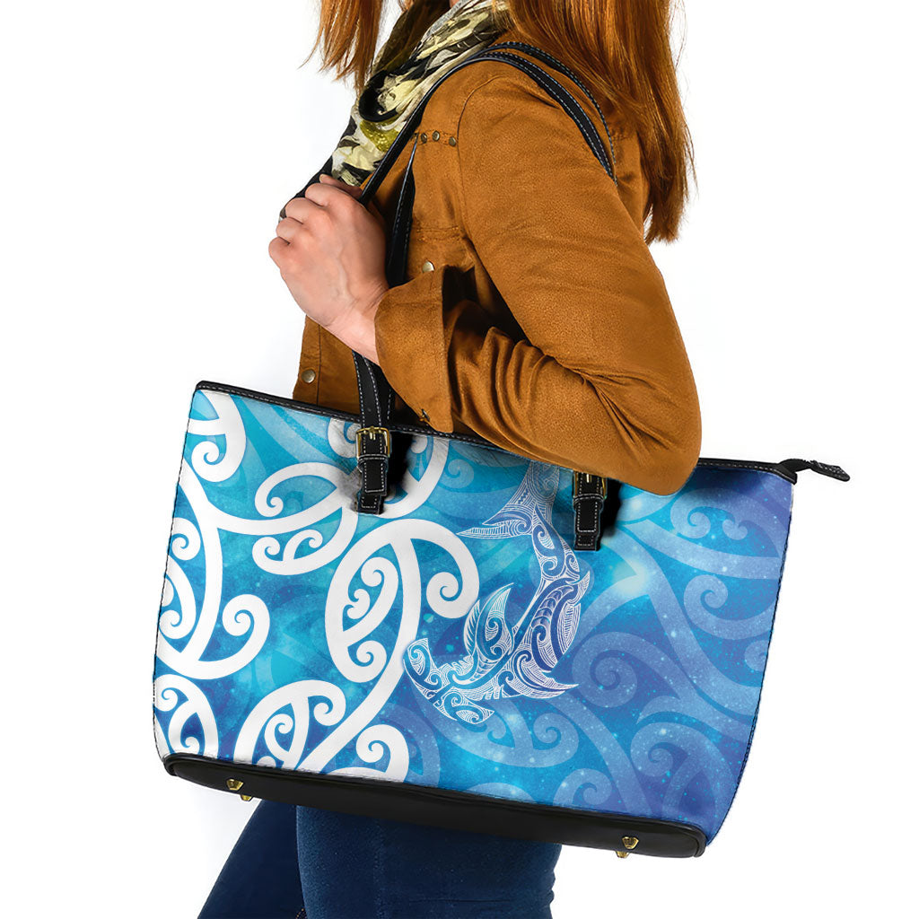 Hammerhead Shark Tattoo New Zealand Leather Tote Bag Maori Galaxy Mangopare Pattern