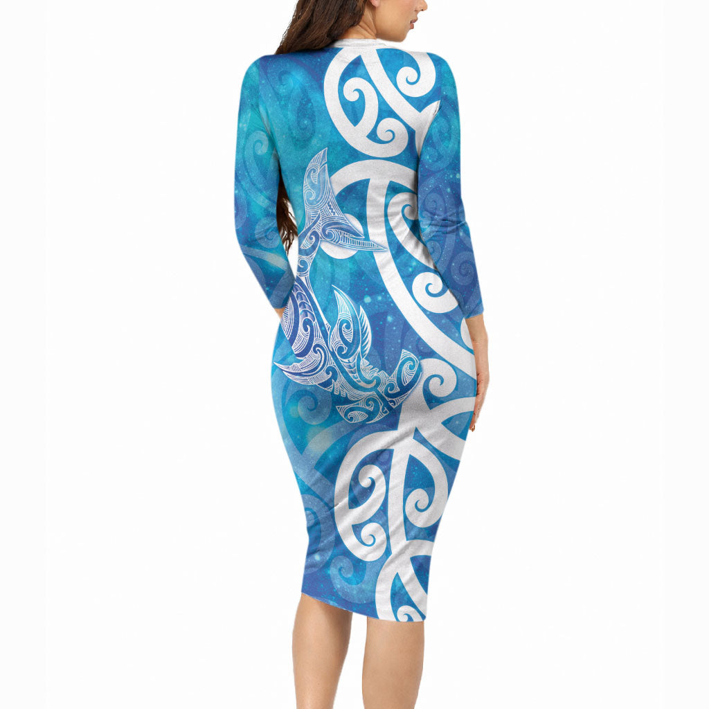 Hammerhead Shark Tattoo New Zealand Long Sleeve Bodycon Dress Maori Galaxy Mangopare Pattern