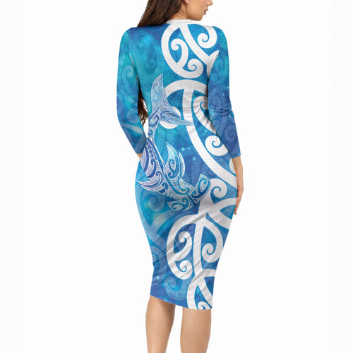 Hammerhead Shark Tattoo New Zealand Long Sleeve Bodycon Dress Maori Galaxy Mangopare Pattern