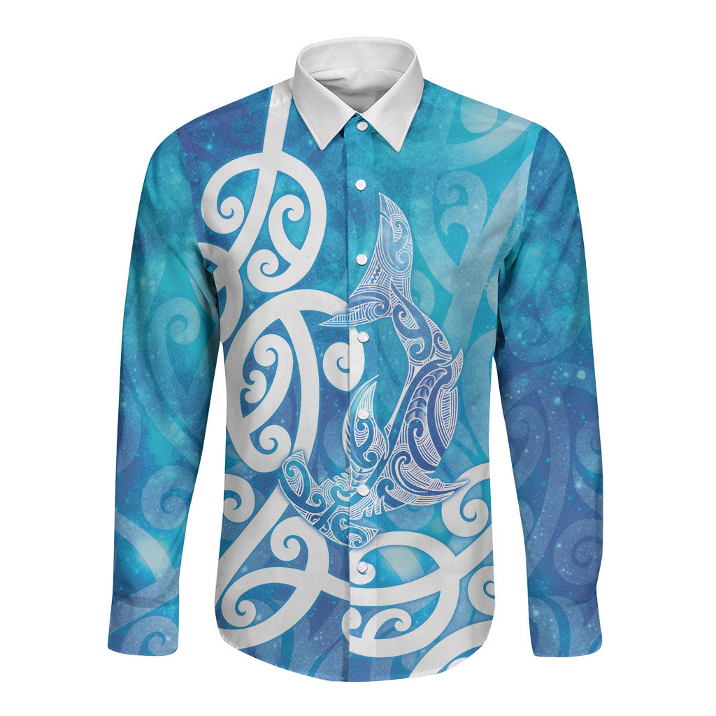 Hammerhead Shark Tattoo New Zealand Long Sleeve Button Shirt Maori Galaxy Mangopare Pattern