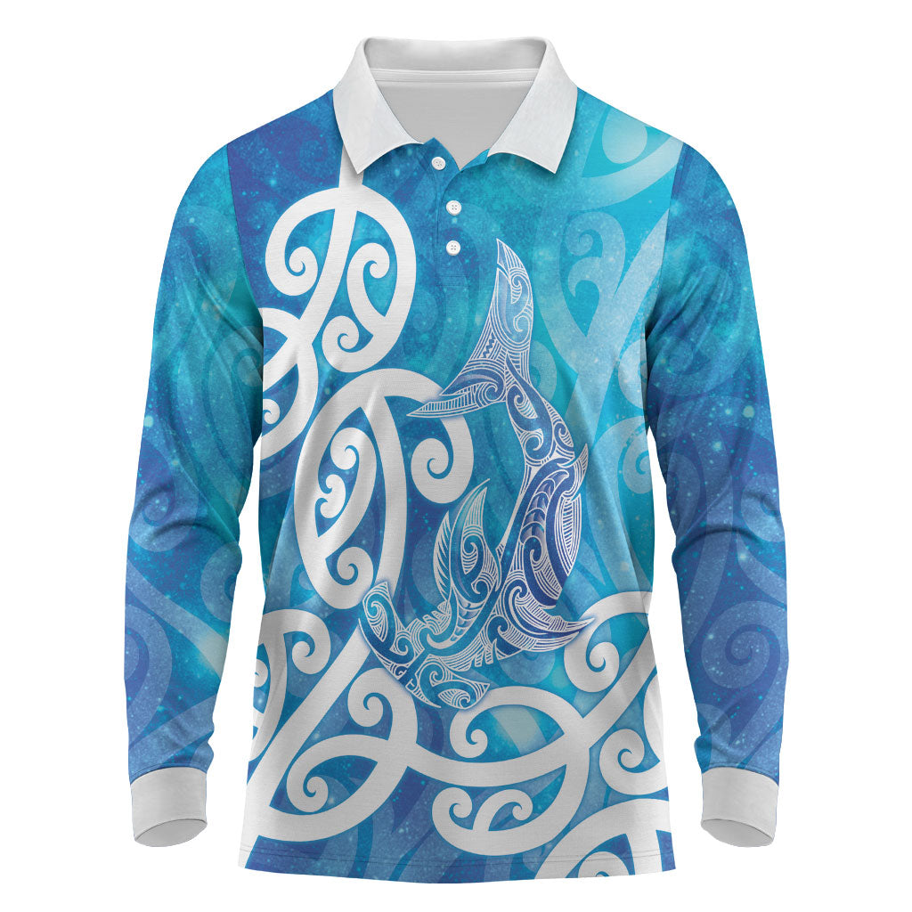 Hammerhead Shark Tattoo New Zealand Long Sleeve Polo Shirt Maori Galaxy Mangopare Pattern