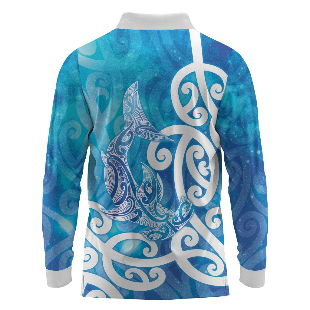 Hammerhead Shark Tattoo New Zealand Long Sleeve Polo Shirt Maori Galaxy Mangopare Pattern