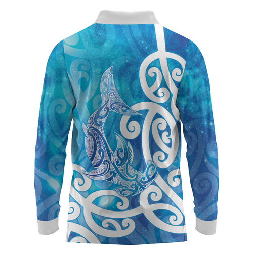 Hammerhead Shark Tattoo New Zealand Long Sleeve Polo Shirt Maori Galaxy Mangopare Pattern