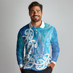Hammerhead Shark Tattoo New Zealand Long Sleeve Polo Shirt Maori Galaxy Mangopare Pattern