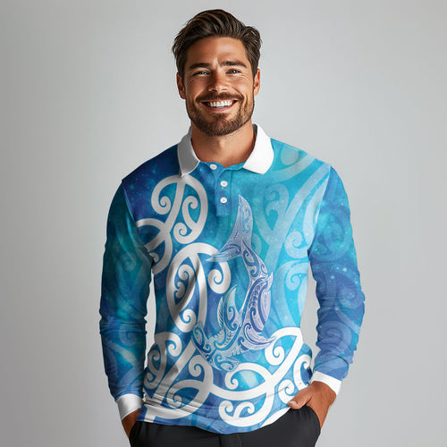 Hammerhead Shark Tattoo New Zealand Long Sleeve Polo Shirt Maori Galaxy Mangopare Pattern
