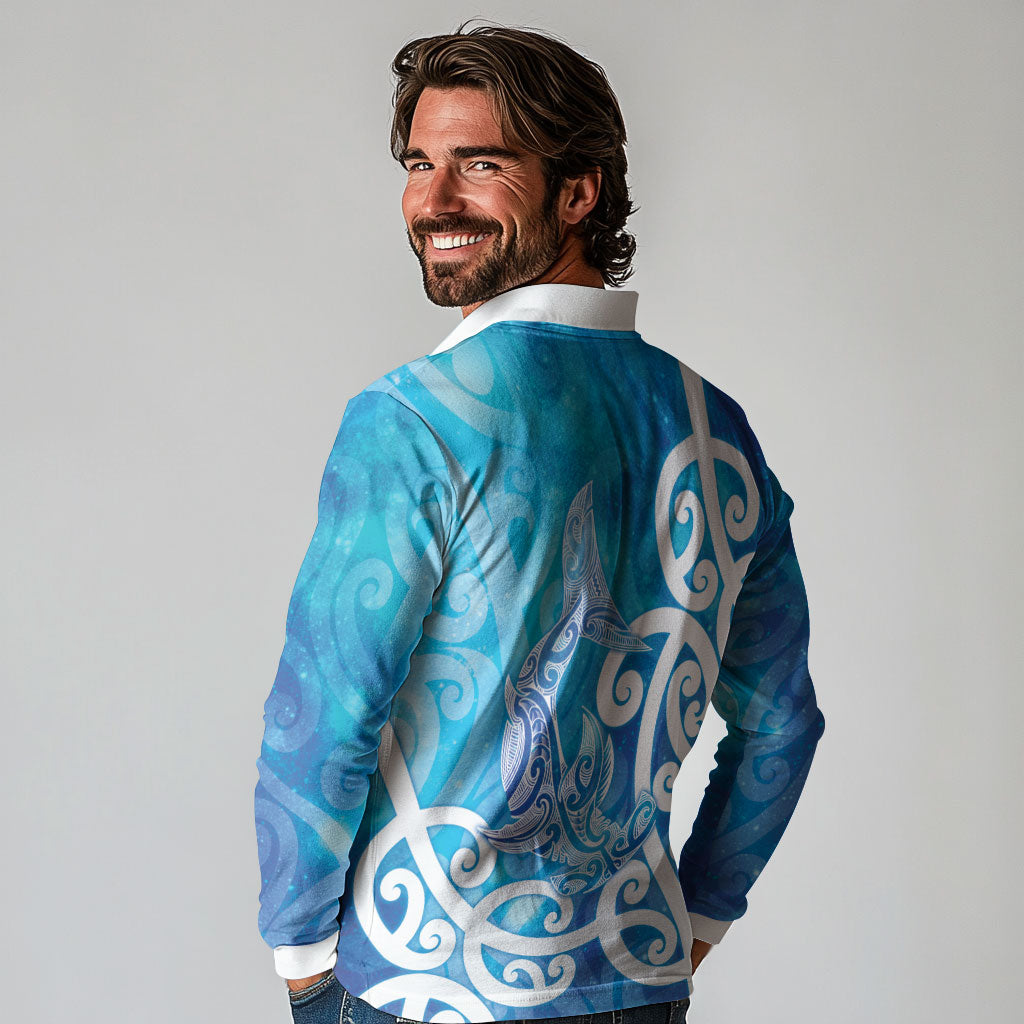 Hammerhead Shark Tattoo New Zealand Long Sleeve Polo Shirt Maori Galaxy Mangopare Pattern