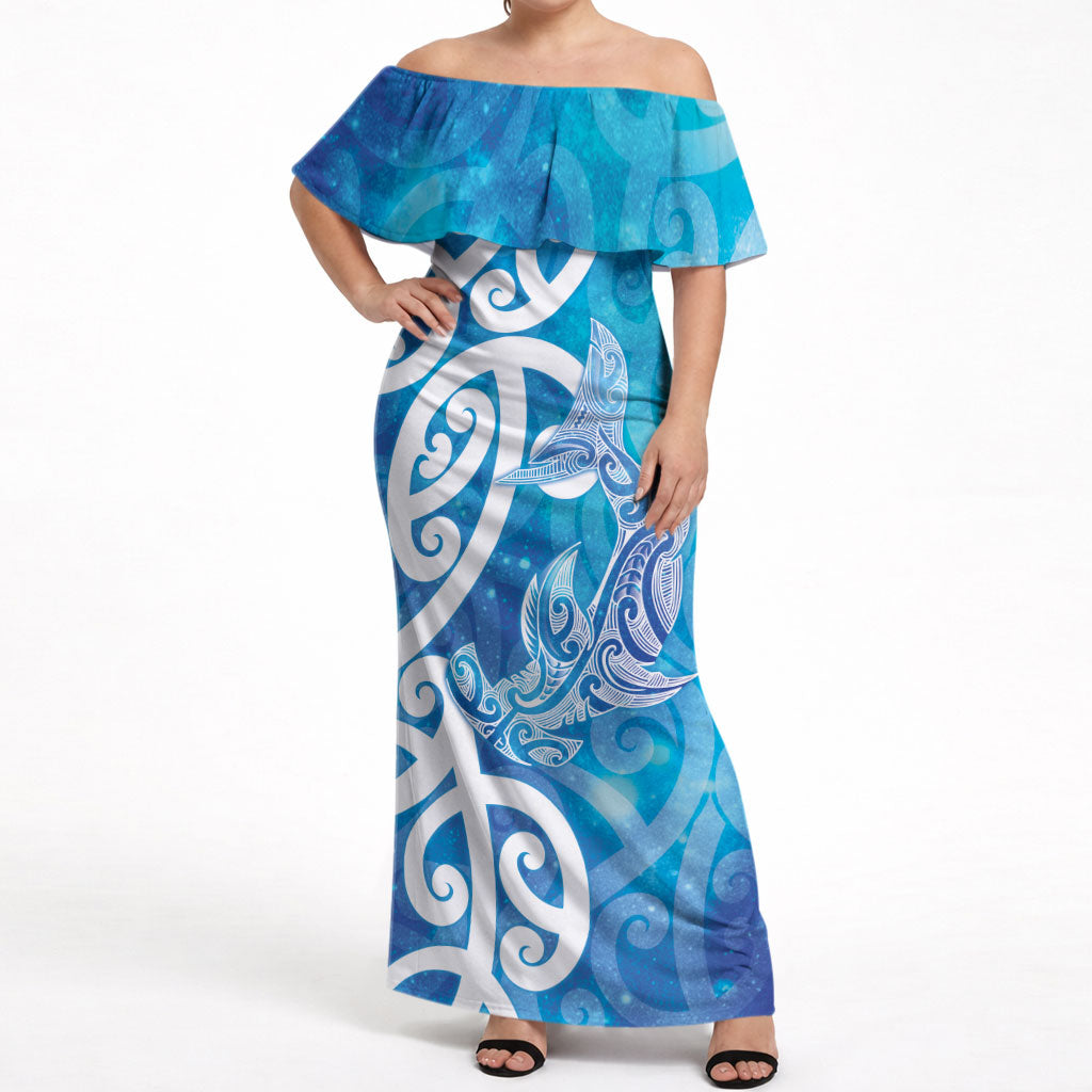 Hammerhead Shark Tattoo New Zealand Off Shoulder Maxi Dress Maori Galaxy Mangopare Pattern