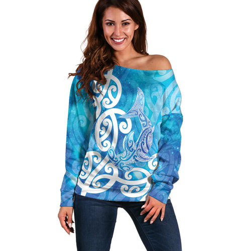 Hammerhead Shark Tattoo New Zealand Off Shoulder Sweater Maori Galaxy Mangopare Pattern