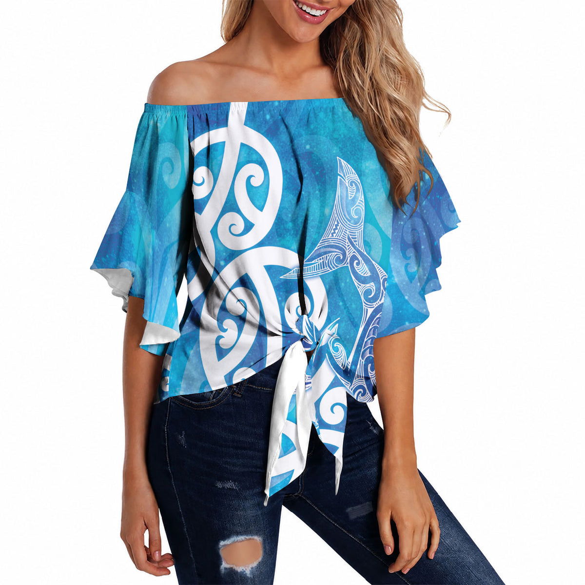 Hammerhead Shark Tattoo New Zealand Off Shoulder Wrap Waist Top Maori Galaxy Mangopare Pattern