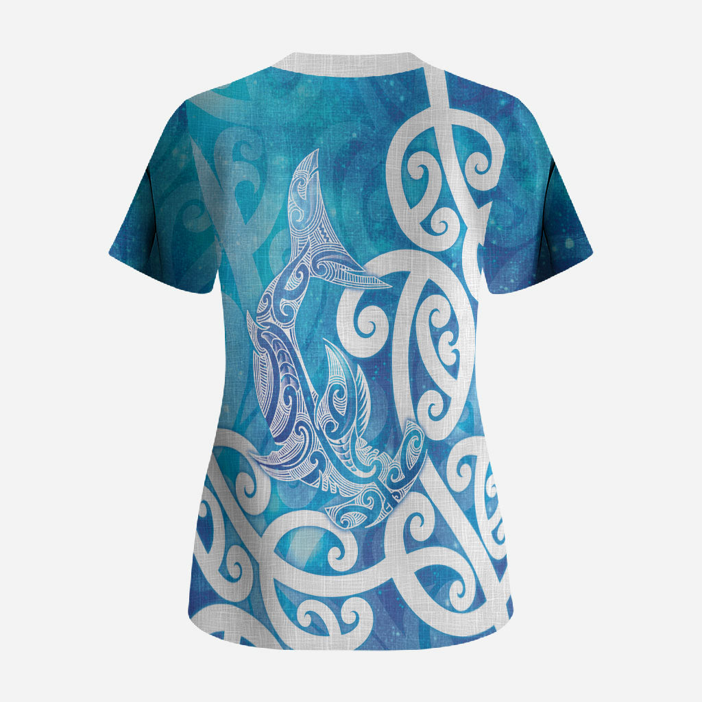 Hammerhead Shark Tattoo New Zealand Scrub Top Maori Galaxy Mangopare Pattern