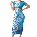 Hammerhead Shark Tattoo New Zealand Short Sleeve Bodycon Dress Maori Galaxy Mangopare Pattern