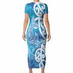 Hammerhead Shark Tattoo New Zealand Short Sleeve Bodycon Dress Maori Galaxy Mangopare Pattern