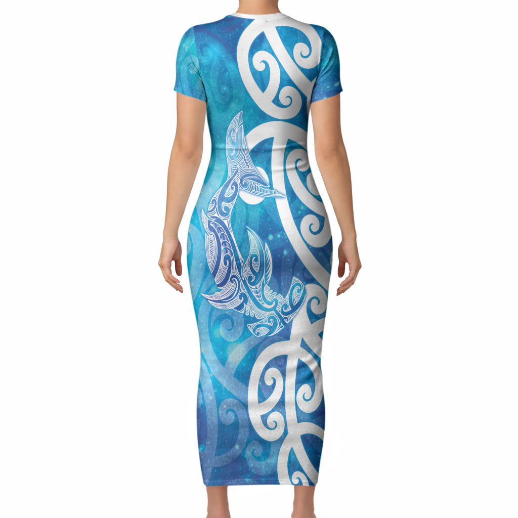 Hammerhead Shark Tattoo New Zealand Short Sleeve Bodycon Dress Maori Galaxy Mangopare Pattern