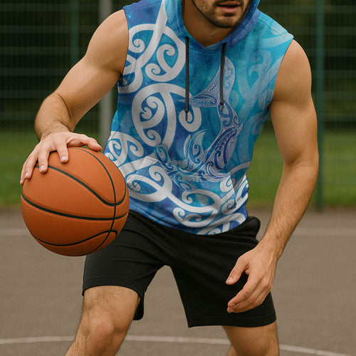 Hammerhead Shark Tattoo New Zealand Sleeveless Hoodie Maori Galaxy Mangopare Pattern
