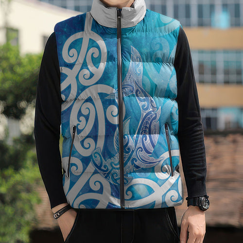 Hammerhead Shark Tattoo New Zealand Sleeveless Puffer Jacket Maori Galaxy Mangopare Pattern