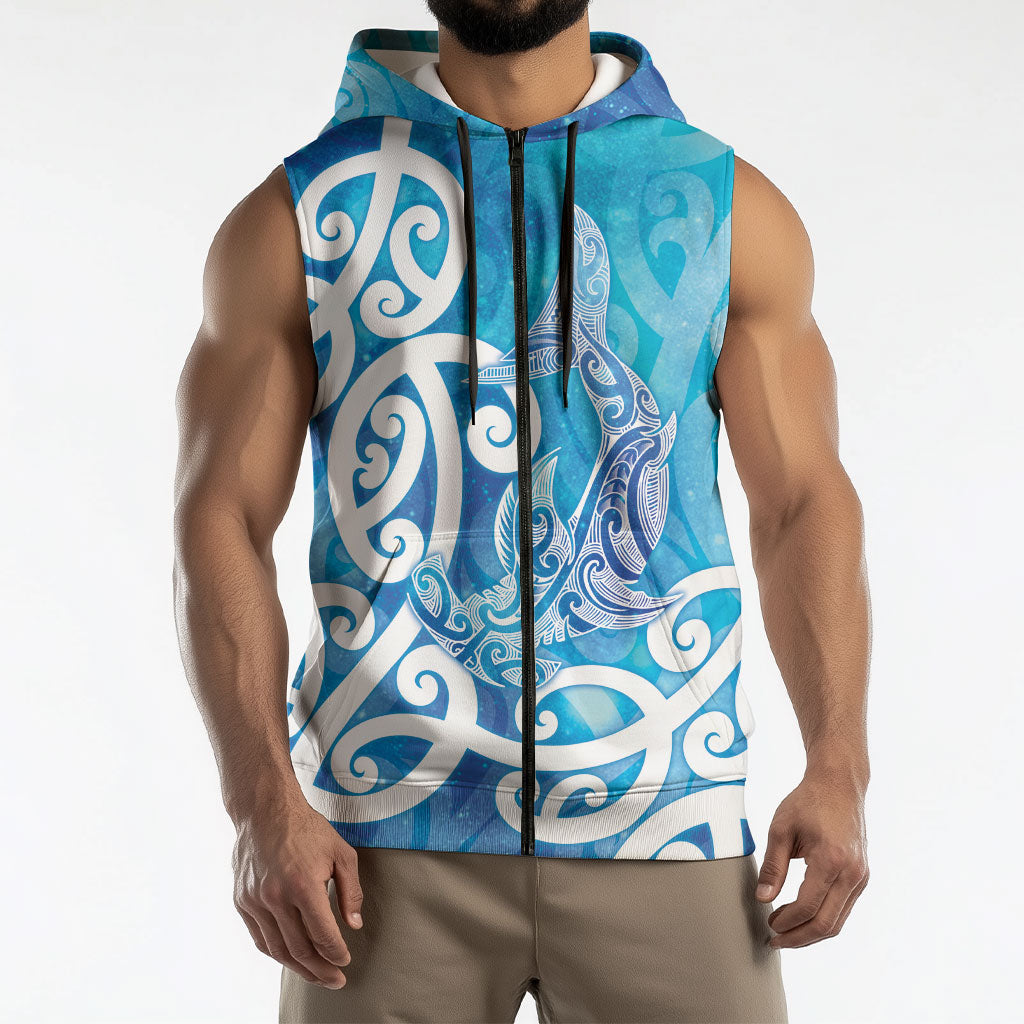 Hammerhead Shark Tattoo New Zealand Sleeveless Zip Hoodie Maori Galaxy Mangopare Pattern