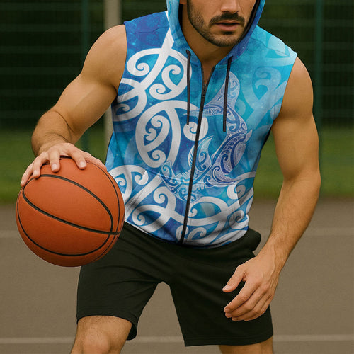 Hammerhead Shark Tattoo New Zealand Sleeveless Zip Hoodie Maori Galaxy Mangopare Pattern