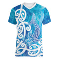Hammerhead Shark Tattoo New Zealand Women V-Neck T-Shirt Maori Galaxy Mangopare Pattern