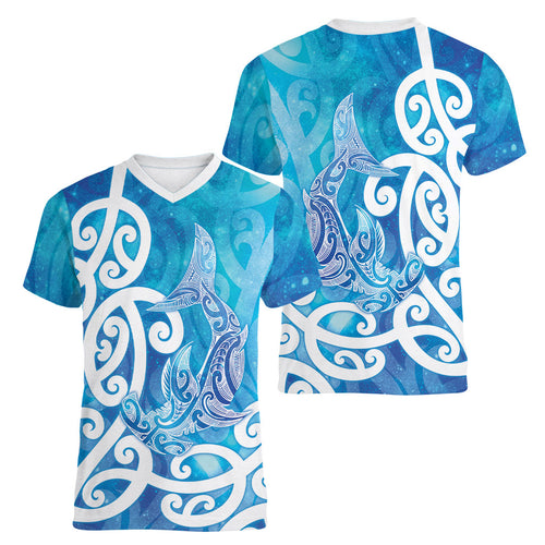 Hammerhead Shark Tattoo New Zealand Women V-Neck T-Shirt Maori Galaxy Mangopare Pattern