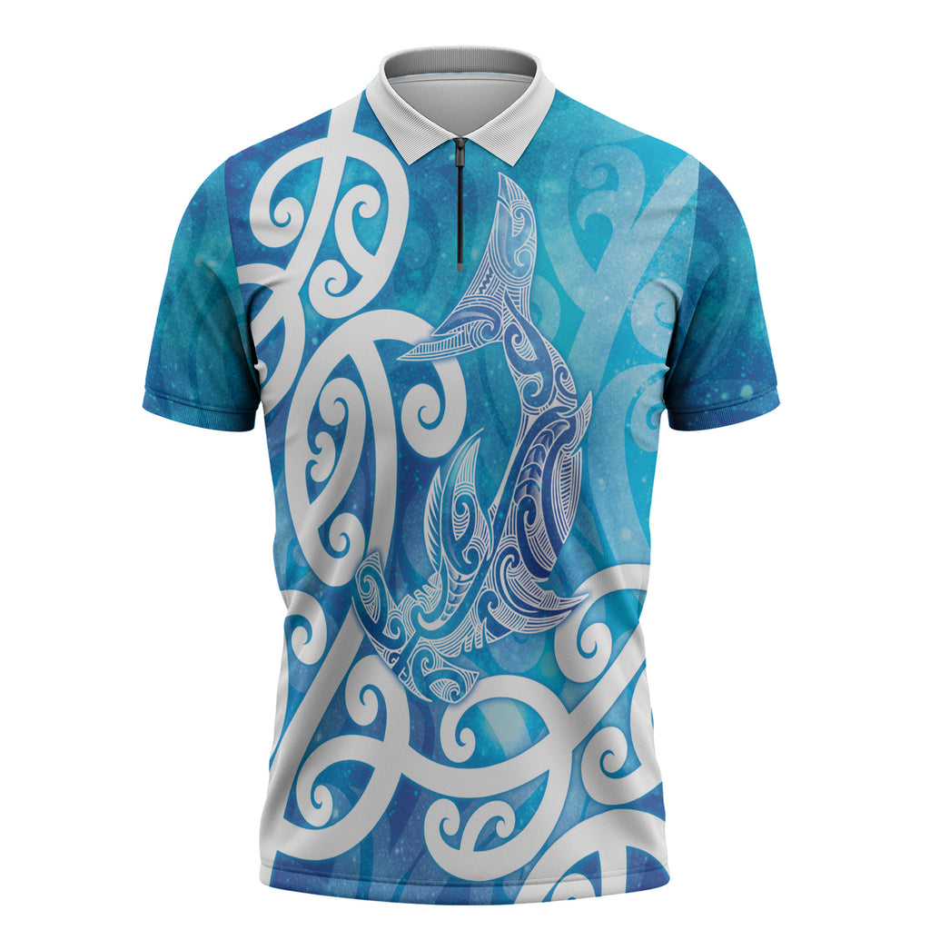 Hammerhead Shark Tattoo New Zealand Zipper Polo Shirt Maori Galaxy Mangopare Pattern
