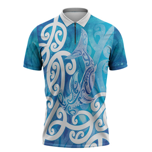 Hammerhead Shark Tattoo New Zealand Zipper Polo Shirt Maori Galaxy Mangopare Pattern