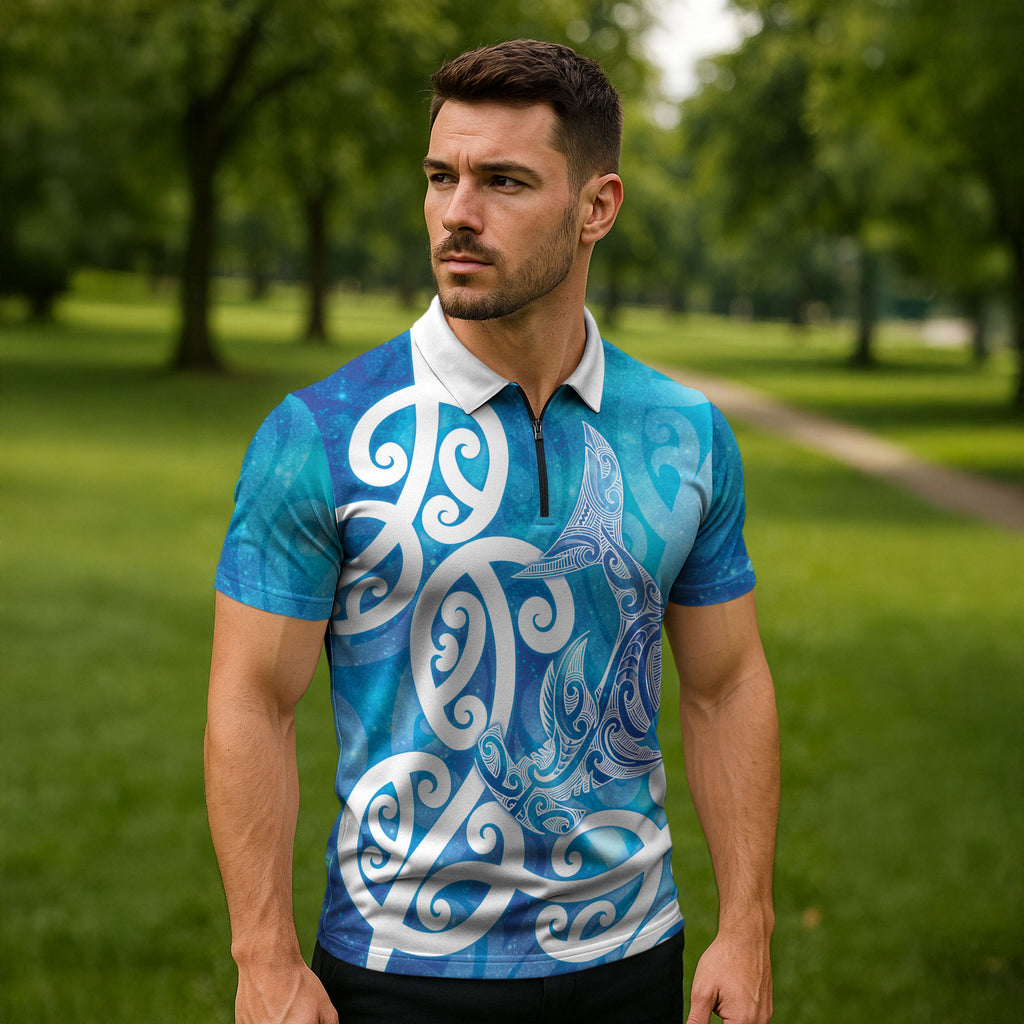 Hammerhead Shark Tattoo New Zealand Zipper Polo Shirt Maori Galaxy Mangopare Pattern