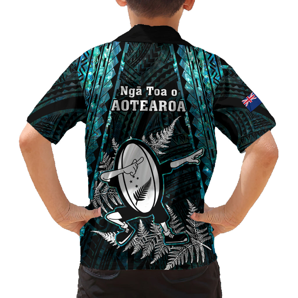 new-zealand-silver-fern-rugby-kid-hawaiian-shirt-aotearoa-all-black-dabbing-ball-with-maori-paua-shell