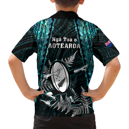 new-zealand-silver-fern-rugby-kid-hawaiian-shirt-aotearoa-all-black-dabbing-ball-with-maori-paua-shell