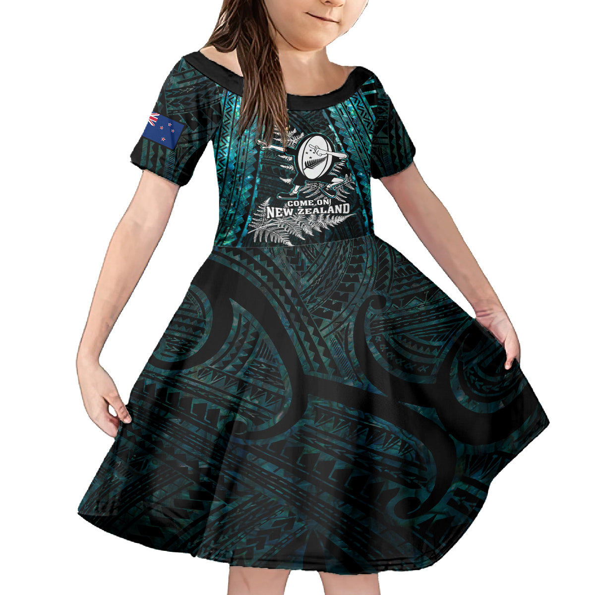 new-zealand-silver-fern-rugby-kid-short-sleeve-dress-aotearoa-all-black-dabbing-ball-with-maori-paua-shell