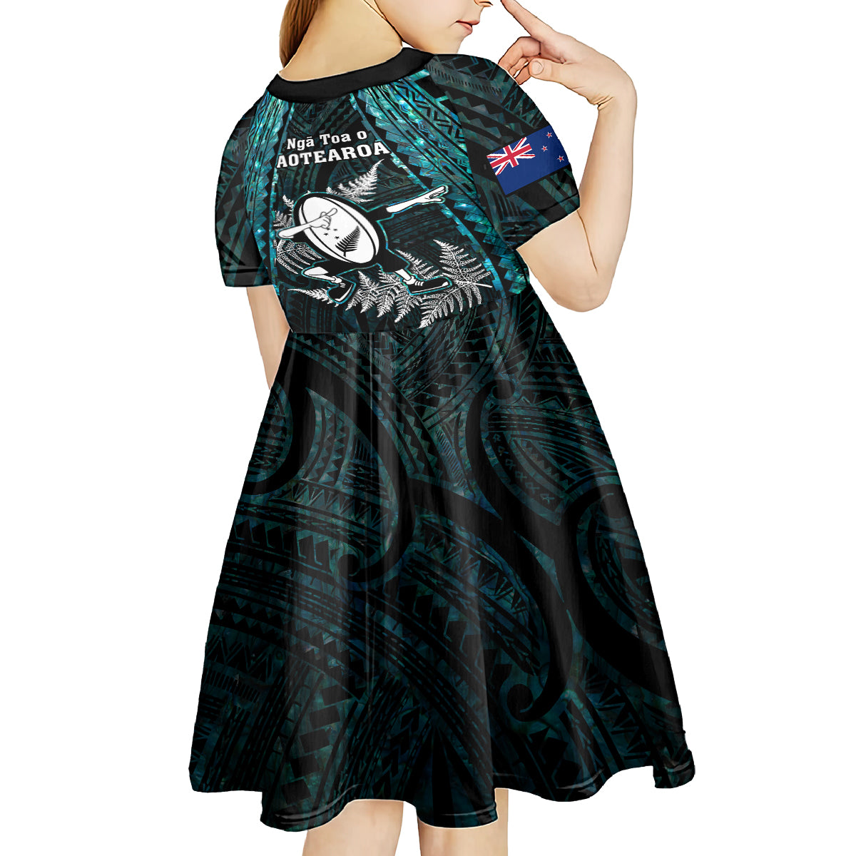 new-zealand-silver-fern-rugby-kid-short-sleeve-dress-aotearoa-all-black-dabbing-ball-with-maori-paua-shell