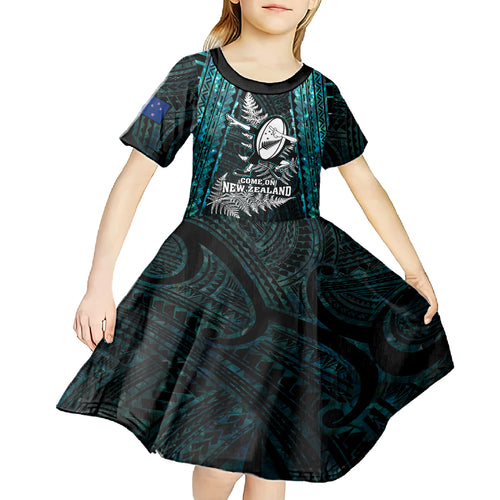 new-zealand-silver-fern-rugby-kid-short-sleeve-dress-aotearoa-all-black-dabbing-ball-with-maori-paua-shell