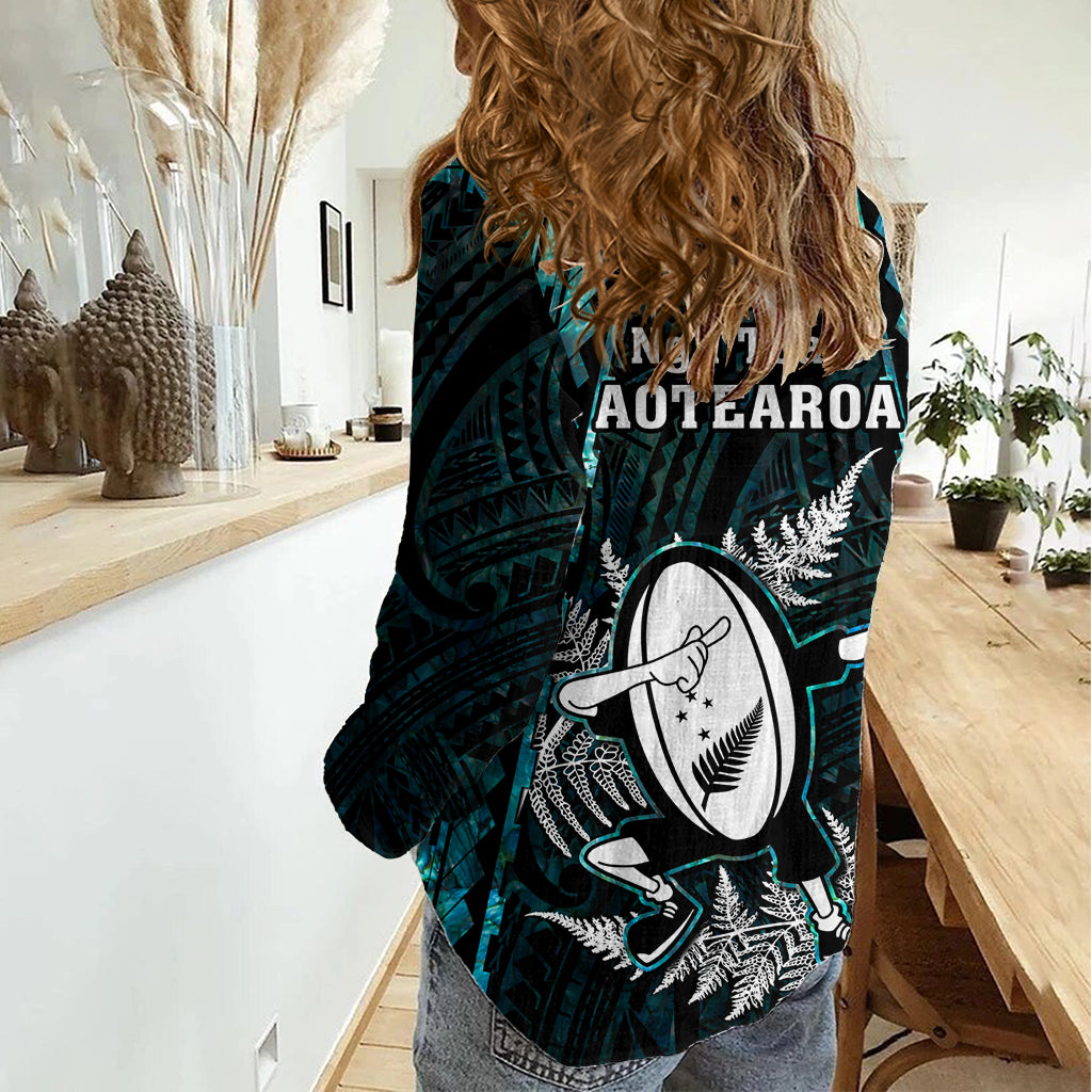 New Zealand Silver Fern Rugby Women Casual Shirt Aotearoa All Black Dabbing Ball With Maori Paua Shell LT14