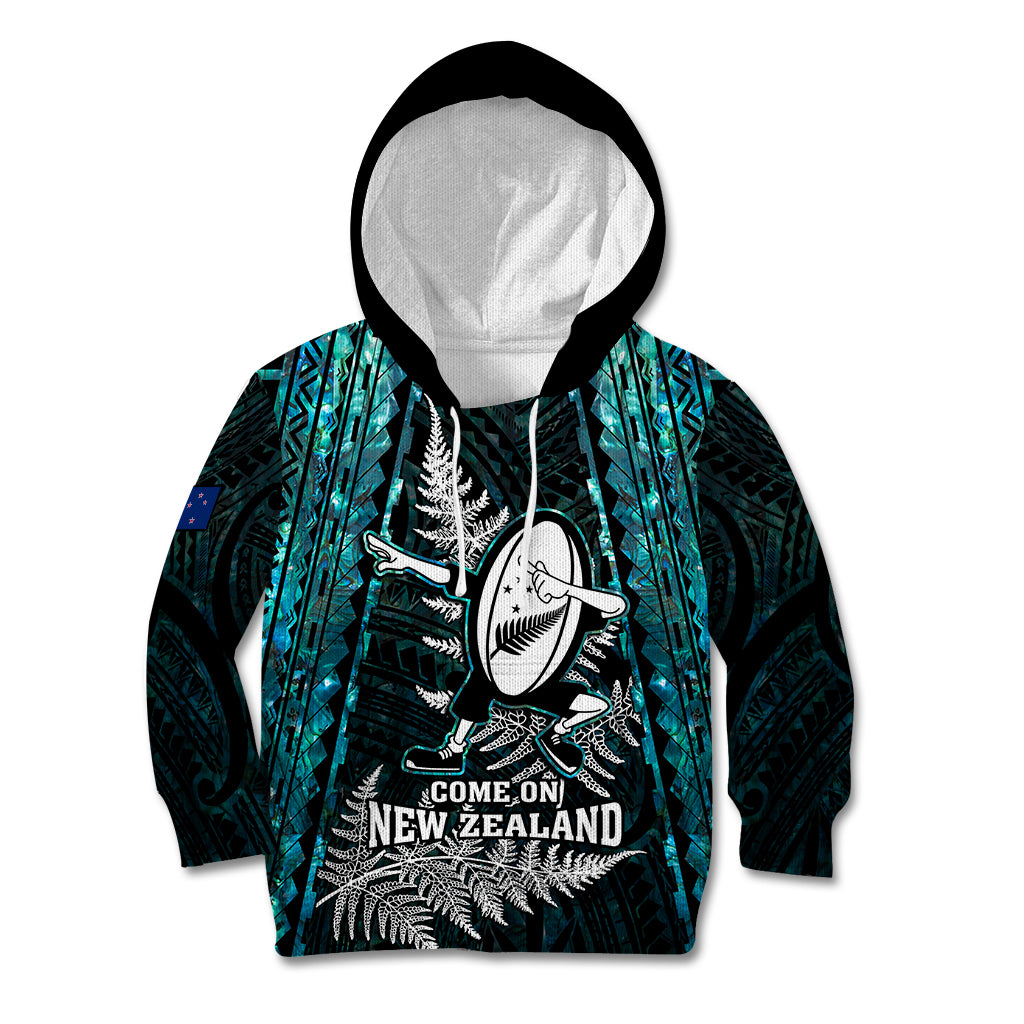 custom-new-zealand-silver-fern-rugby-kid-hoodie-aotearoa-all-black-dabbing-ball-with-maori-paua-shell
