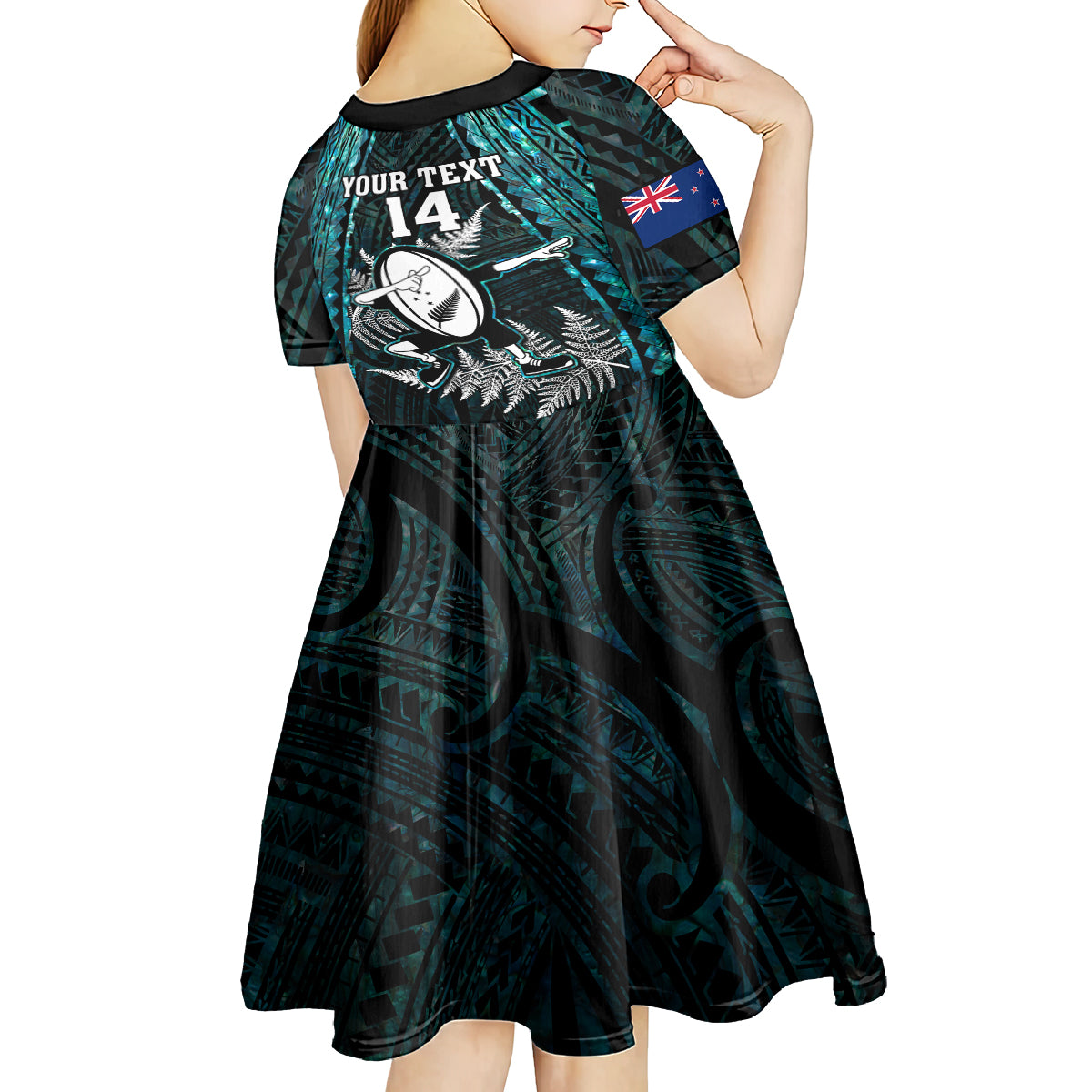 custom-new-zealand-silver-fern-rugby-kid-short-sleeve-dress-aotearoa-all-black-dabbing-ball-with-maori-paua-shell