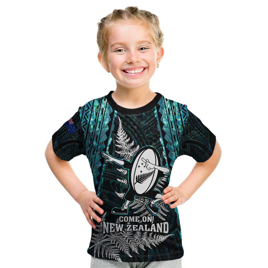 custom-new-zealand-silver-fern-rugby-kid-t-shirt-aotearoa-all-black-dabbing-ball-with-maori-paua-shell