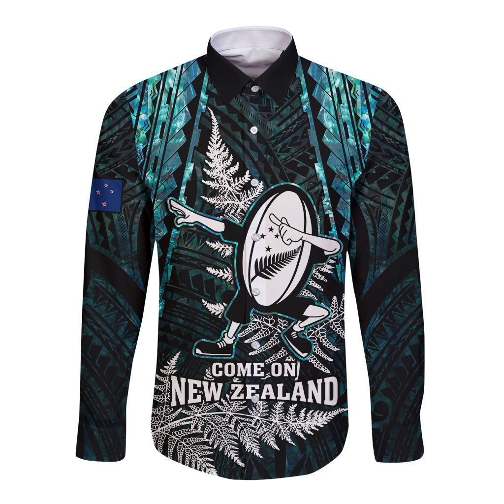 custom-new-zealand-silver-fern-rugby-long-sleeve-button-shirt-aotearoa-all-black-dabbing-ball-with-maori-paua-shell
