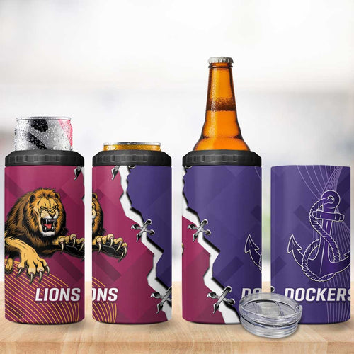 Dockers And Lions Football 4 in 1 Can Cooler Tumbler 2025 Sporty Dynamic Version - Aussie Hoodie