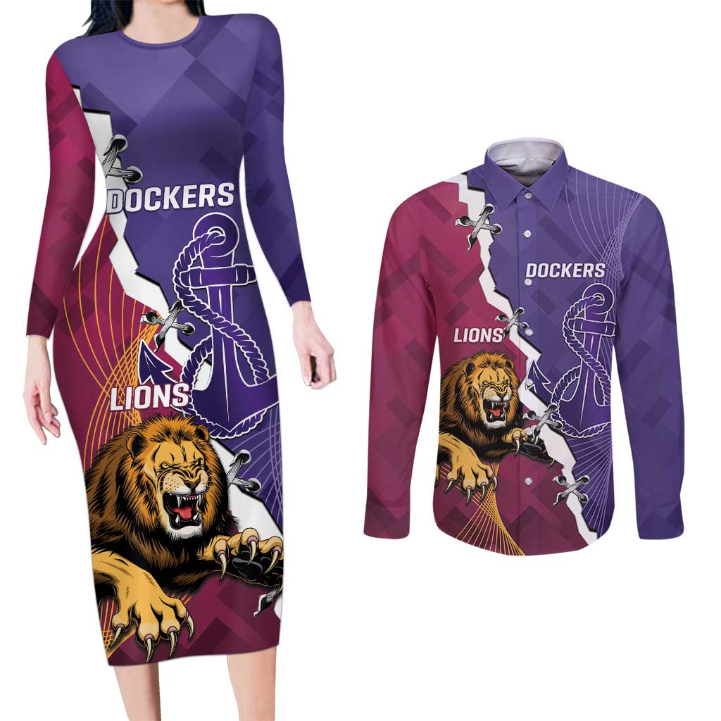 Dockers And Lions Football Custom Couples Matching Long Sleeve Bodycon Dress and Long Sleeve Button Shirt 2025 Sporty Dynamic Version - Aussie Hoodie