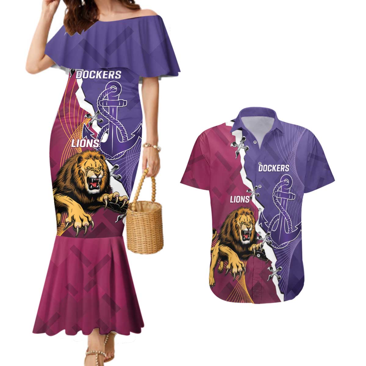 Dockers And Lions Football Custom Couples Matching Mermaid Dress and Hawaiian Shirt 2025 Sporty Dynamic Version - Aussie Hoodie