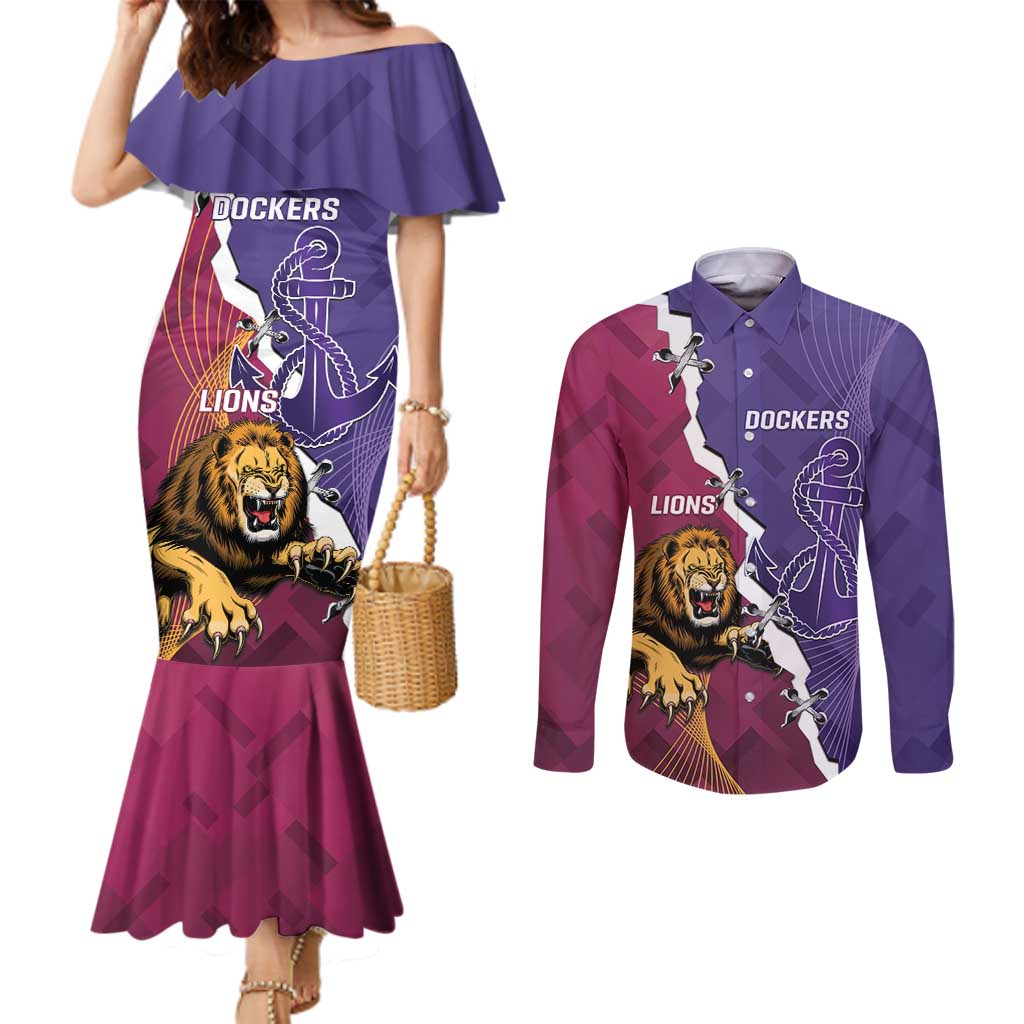 Dockers And Lions Football Custom Couples Matching Mermaid Dress and Long Sleeve Button Shirt 2025 Sporty Dynamic Version - Aussie Hoodie