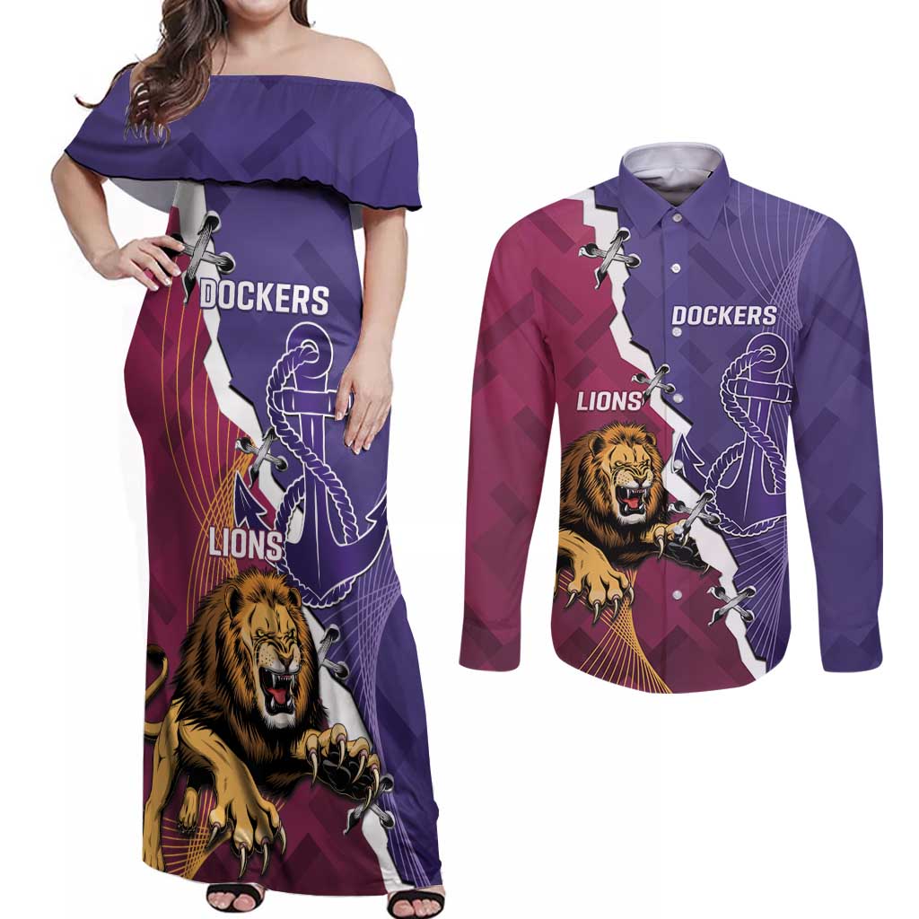 Dockers And Lions Football Custom Couples Matching Off Shoulder Maxi Dress and Long Sleeve Button Shirt 2025 Sporty Dynamic Version - Aussie Hoodie