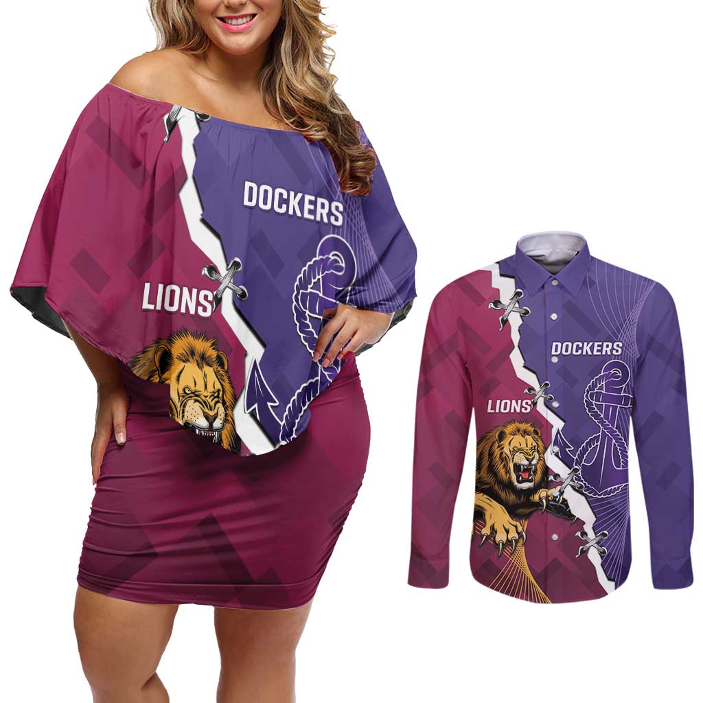 Dockers And Lions Football Custom Couples Matching Off Shoulder Short Dress and Long Sleeve Button Shirt 2025 Sporty Dynamic Version - Aussie Hoodie