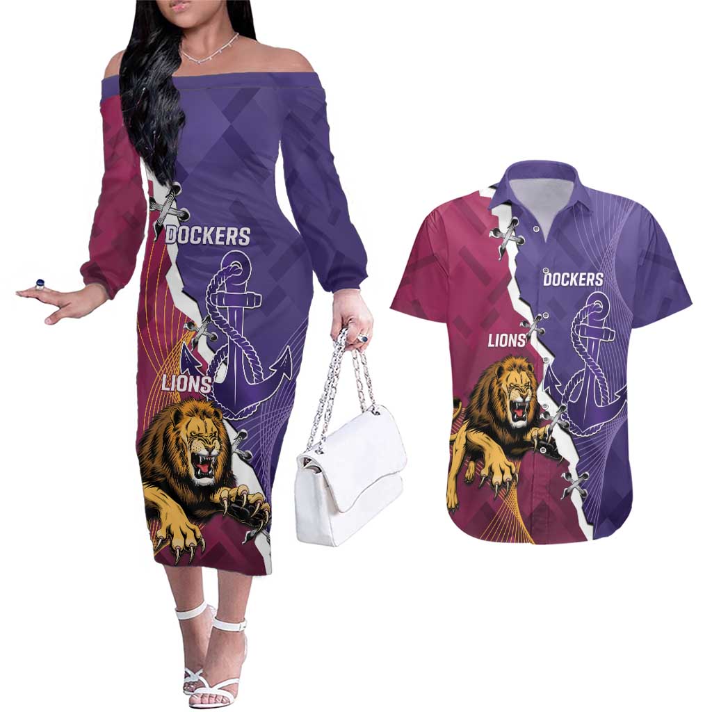 Dockers And Lions Football Custom Couples Matching Off The Shoulder Long Sleeve Dress and Hawaiian Shirt 2025 Sporty Dynamic Version - Aussie Hoodie