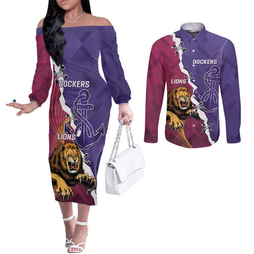 Dockers And Lions Football Custom Couples Matching Off The Shoulder Long Sleeve Dress and Long Sleeve Button Shirt 2025 Sporty Dynamic Version - Aussie Hoodie